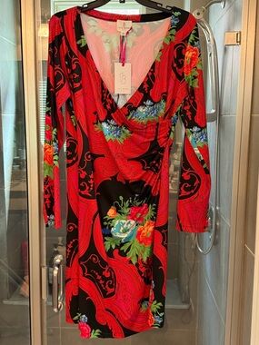 JB by Julie Brown Red & Black Floral Wrap-Style Long Sleeve Dress